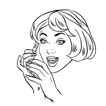 Young woman talking on smartphone retro line art graphics