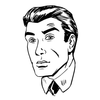 Anxious emotional face men fear the uncertainty of the eye retro line art graphics