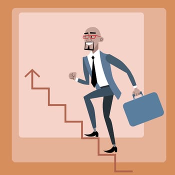 African businessman climbs the career ladder. Black male success smiles