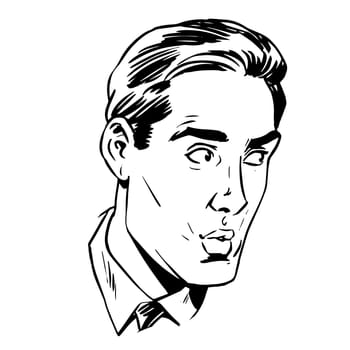 Anxious emotional face men fear the uncertainty of the eye retro line art graphics