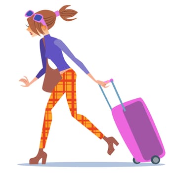 Tourist woman walking with a suitcase journey. Beautiful redhead girl
