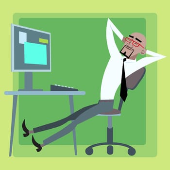 African businessman resting at the PC office. The end of a successful work