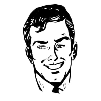 Smiling man face retro line art graphics