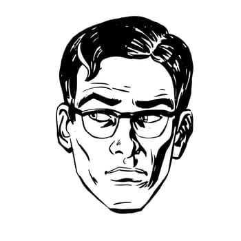 Anxious emotional face men fear the uncertainty of the eye retro line art graphics