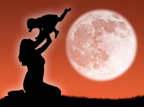 Mother and son in silhouette against the moon