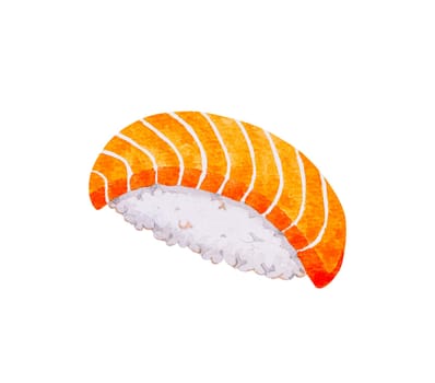 Salmon nigiri sushi, Japanese food. Watercolor hand drawn illustration isolated on white background.