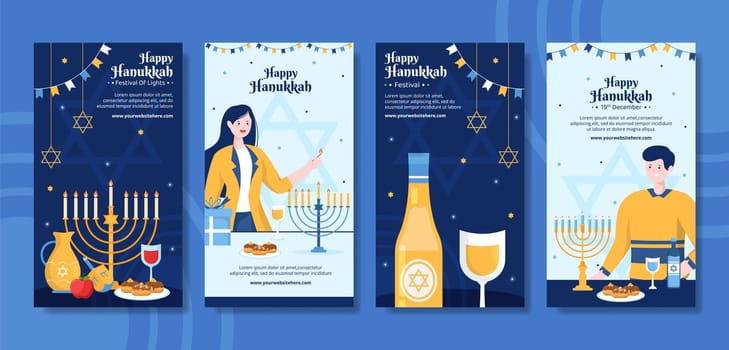 Happy Hanukkah Jewish Holiday Social Media Stories Template Hand Drawn Cartoon Flat Illustration
