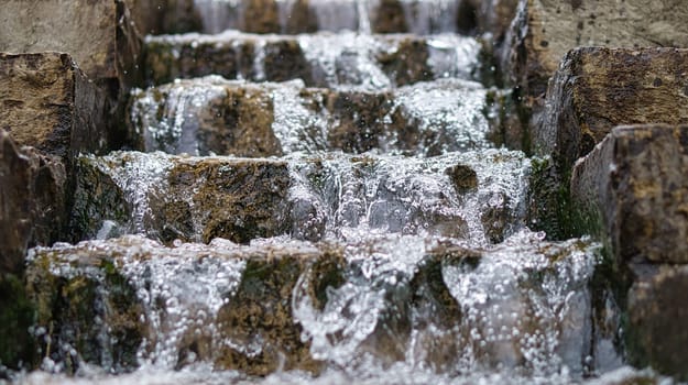 waterfall over a stone staircase. a stream flowing through a park. Water drops and fly through the air.