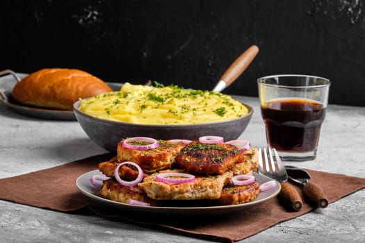 Roasted pork fillet mignon , served with mashed potato and red onion and dill