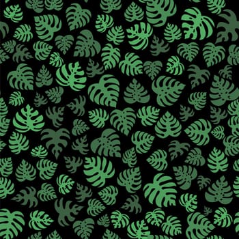Icons with tropical palm leaves, monstera. Beautiful hand drawn exotic plants. Floral seamless background. Monsters isolated on black background. Monstera leaves, jungle.