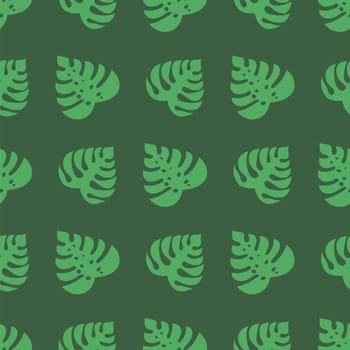 Icons with tropical palm leaves, monstera. Beautiful hand drawn exotic plants. Floral seamless background. Monsters isolated on green background. Monstera leaves, jungle.