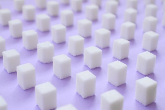 Many small sugar cubes are lined up on a violet background. The concept of diabetes and excess blood sugar