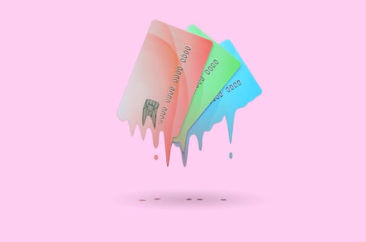 Card expires soon concept shows liquid credit cards that is dissolving down by melting. Surreal style image. Pastel pink background color