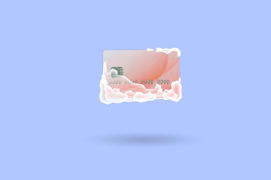 Frozen red credit card in a blocks of ice on lilac background. The concept of instant freezing of a credit card or bank account for security purposes.