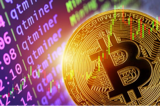 Decentralized cryptocurrency concepts, bitcoin on mining screen and trading chart. Transfer or exchange digital money through blockchain technologies