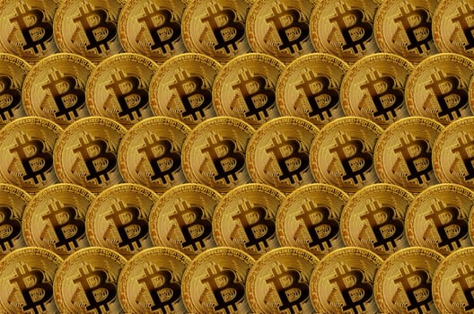 Pattern of many golden bitcoins. Background image for cryptocurrency Internet resources. Mining concept