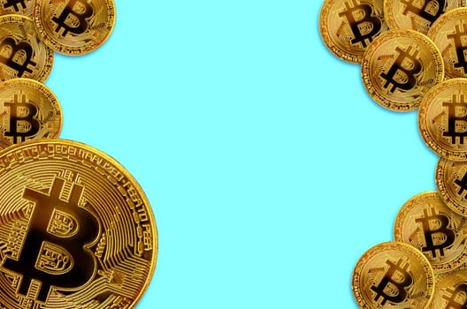 Many golden bitcoins with copy space. Background image for cryptocurrency Internet resources. Flat lay top view