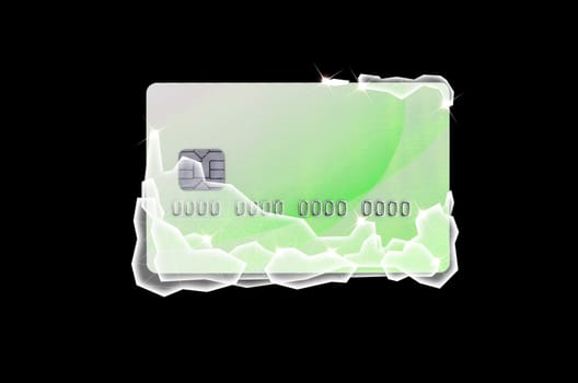 Frozen green credit card in a blocks of ice isolated on black background. The concept of instant freezing of a credit card or bank account for security purposes.