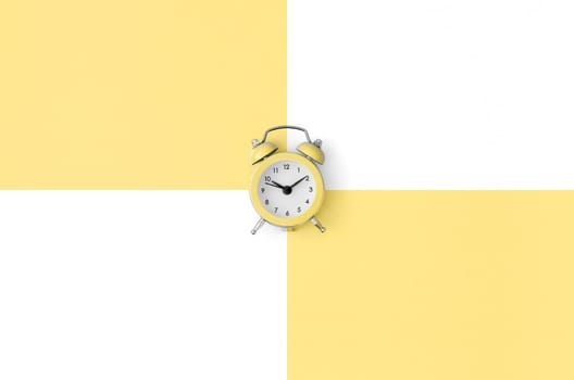 A small orange alarm clock is located between areas of orange and white colors. Time management concept. Flat lay minimal template with copy space. Top view