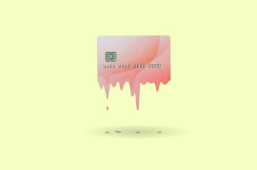 Card expires soon concept shows liquid credit card that is dissolving down by melting. Surreal style image. Pastel yellow background color