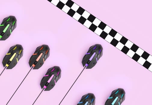 Metaphor of a sports race among computer mouses approaching the checkered finish line. The concept of eSports, high-speed hardware, Internet connection and online competitions