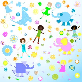 kids background  seamless pattern with children and colorful flowers