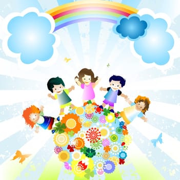 kids and planet  joyful illustration with planet earth, happy children and colorful flowers