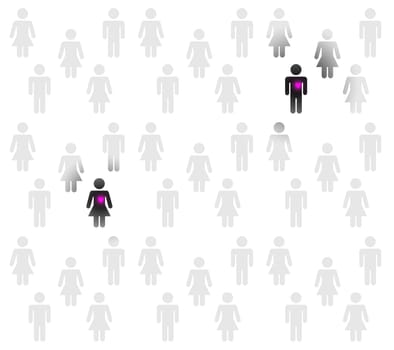 a lot of people, pink couple falling in love, black background