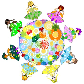 kids and planet  joyful illustration with planet earth, happy children and colorful flowers