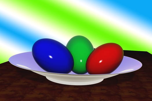 Multi-coloured eggs on a porcelain plate, on a multi-coloured background. An easter picture.