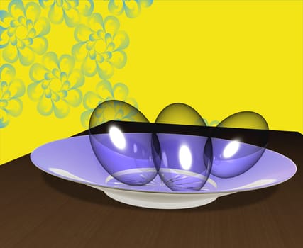 Glass eggs on a porcelain plate, on a yellow background. An easter picture.