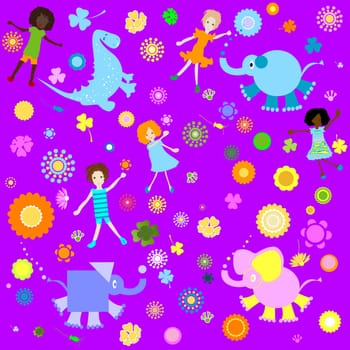 kids background  seamless pattern with children and colorful flowers