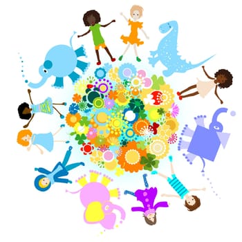 kids and planet  joyful illustration with planet earth, happy children and colorful flowers