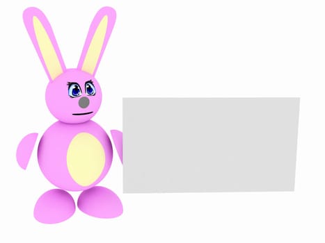 3d render of pink bunny with blank card. Isolated on white background.