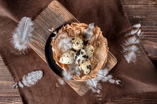 Overhead view of feathers falling on a bowl with quail eggs