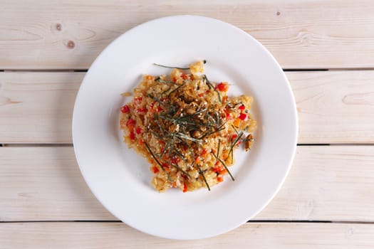 Top view of pilaf with meat and bell pepper