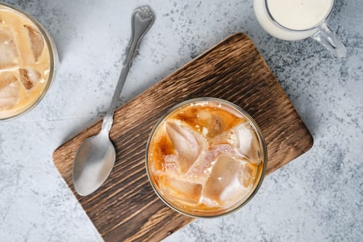Top view of glass with  iced coffee
