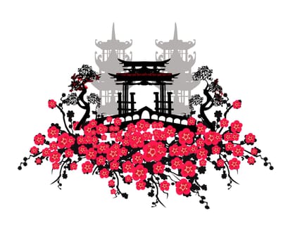 Japanese city with traditional architecture - beautiful decorative banner with  buildings and cherry blossoms