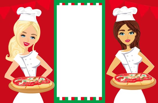 flyer with two beautiful waitresses serving pizza