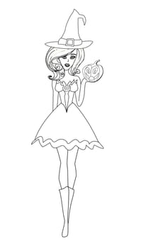 coloring book of beautiful sexy witch with Halloween pumpkin