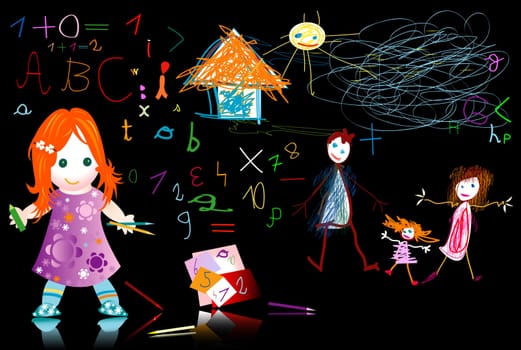 education  child at school writing and drawing