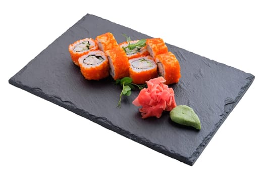 Rolls with salmon and caviar isolated on white background