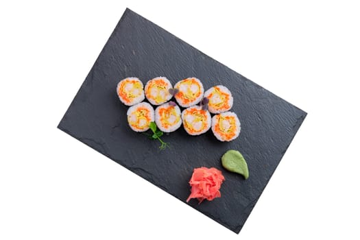 Set of rolls with omelette and shrimp isolated on white background