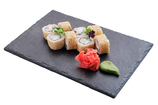 Rolls with salmon and sesame isolated on white background