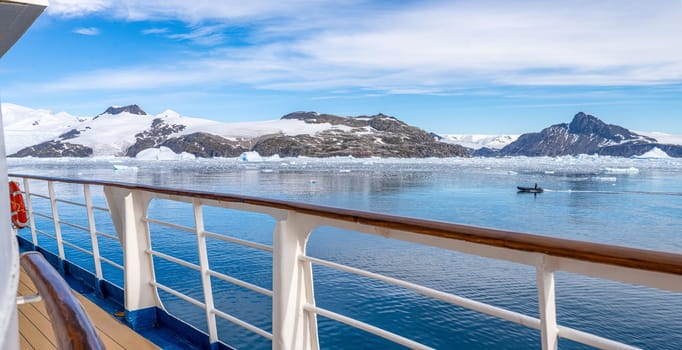 Antarctic iceberg landscape in Cierva Cove - a deep inlet on the west side of the Antarctic Peninsula, surrounded by rugged mountains and dramatic glacier fronts.
