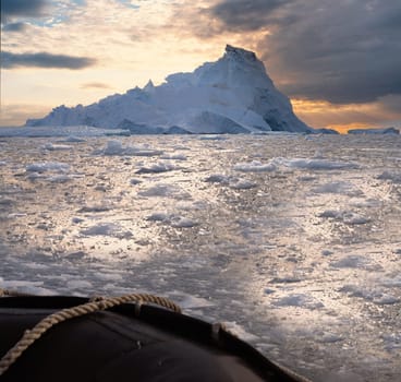 Antarctic iceberg landscape in Cierva Cove - a deep inlet on the west side of the Antarctic Peninsula, surrounded by rugged mountains and dramatic glacier fronts.