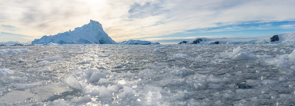 Antarctic iceberg landscape in Cierva Cove - a deep inlet on the west side of the Antarctic Peninsula, surrounded by rugged mountains and dramatic glacier fronts.