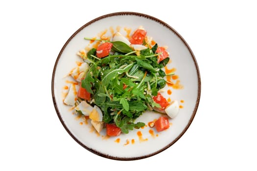 Salad with salmon, egg, cheese and arugula isolated on white background