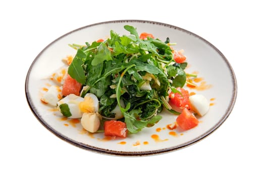 Salad with salmon, egg, cheese and arugula isolated on white background