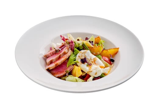 Grilled tuna with potato, cabbage, green beans and poached egg isolated on white background
